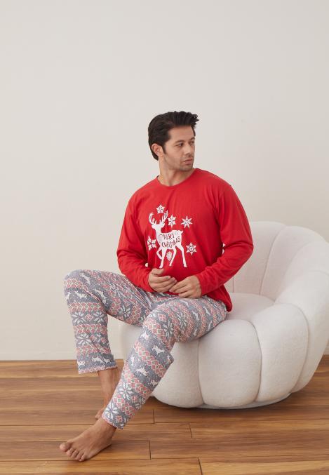 Pijama barbati Craciun " MERRY CHRISTMAS" maneca lunga ,pantaloni lungi,Culoare Rosu Engros